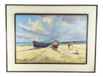 ASS. DESCONHECIDA, "Barcos c/ Figuras', óleo sobre tela, moldura em madeira escura, medindo 66x88cm e obra 46x68cm.