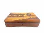 DIVERSOS - (1) Caixa porta jóias em madeira marchetada com paisagem iconográfica do Rio de Janeiro. Medida : 6 x 18 x 28 cm