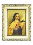 ASS. DESCONHECIDA, "Santa Terezinha", OST. datado de 1924, apresenta rasgo na tela, moldura em madeira entalhada com patina creme, medindo 64x51,5cm e tela 46x34cm.