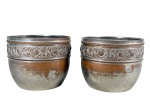 METAL PRATEADO, par (2) de cachepots confeccionados em metal espessurado a prata, cinzelado por espessa faixa de flores e folhagens em relevo, apresenta falhas na prateação e leves mossas, medindo 15x18,5cm.