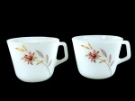 COLOREX, duas (2) xícaras para chá confeccionadas em vidro opalinado na tonalidade branca com pintura de flores e folhagens em policromia com realces em ouro, medindo 7x10x8,5cm.