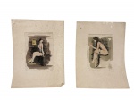 ASS. DESCONHECIDA, duas (2) composições figurativas sobre papel, representando nu feminino, em técnica mista, ambas assinadas. Peças apresentando manchas, foxing e marcas do tempo, medindo 20,5x15cm somente a pintura.