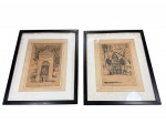 QUADROS, dois (2) quadros com gravuras em preto e branco, representando vistas arquitetônicas, ambos emoldurados sob vidro com molduras em metal em madeira pintada na cor preta. Peças apresentando manchas, foxing, desgastes e sinais do tempo. Medindo 53x43cm.