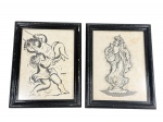 QUADROS, dois (2) quadros com reproduções em preto e branco, sob vidro, sendo: A) composição com putti, assinada TERUZ, datada 1973; e B) composição com figura feminina, assinada DARCY PENTEADO, datada 1973. Molduras em madeira patinada na cor preta (apresenta falhas), medindo 37,5x30cm. Marcas do tempo.