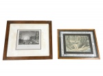 QUADROS, dois (2) quadros com reproduções sob vidro, sendo: A) gravura em preto e branco, representando vista portuária; e B) composição figurativa representando cena com embarcação e personagens. Molduras em madeira. Peças apresentando manchas, desgastes e sinais do tempo. Medidas 35x40cm e 27,5x35cm, maior com sinais de fita no verso.
