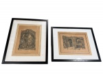 QUADROS, dois (2) quadros com gravuras em preto e branco, representando composições arquitetônicas e religiosas, ambos emoldurados sob vidro com molduras em madeira patinada na cor preta. Peças apresentando manchas, foxing, desgastes e sinais do tempo, medindo 53x43cm e 43x53cm.