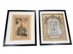 QUADROS, dois (2) quadros com gravuras em preto e branco, representando composições arquitetônicas e religiosas, ambos emoldurados sob vidro com molduras em madeira patinada na cor preta. Peças apresentando manchas, foxing, desgastes e sinais do tempo, medindo 53x43cm.