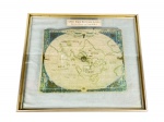 QUADRO, uma (1) reprodução de mapa-múndi antigo, identificado na parte superior como Orbis Typus Universalis Tabula, emoldurado sob vidro com moldura em metal dourado, marcas do tempo e pequenos recortes, medindo 43,5x53,5cm.