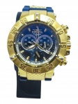 RELÓGIO, um (1) relógio de pulso da marca INVICTA (marca norte-americana fundada em 1837, conhecida pela produção de relógios de estilo robusto e esportivo), modelo  SUBAQUA, cronógrafo, com caixa em metal dourado, mostrador azul com três registros auxiliares, aro graduado, calendário na posição de 4 horas, pulseira emborrachada azul e dourada. Apresenta marcas de uso e leves desgastes na pulseira, funcionando, sem garantias futuras, caixa medindo 5cm de diâmetro.