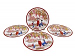 PORCELANA ORIENTAL, quatro (4) pratos decorativos confeccionados em porcelana oriental na tonalidade branca, ricamente decorado por gueixas, pagodes, frutos e folhagens em policromia com borda e realces na tonalidade vermelha, medindo 19cm.