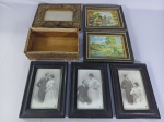 Seis porta retratos antigos contendo algumas fotográfias, e pequena caixa