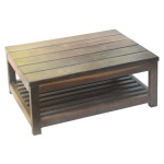 Mesa baixa construída em ripas de madeira nobre. Tampo retangular, apoiado nas quinas em pernas retilíneas de secção quadrangular, sustentando na base plateau de mesma construção. 33 x 81 x 51 cm.