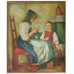 MARIO NEVES AMPUERA, conhecido como CHOLÓ (1934-2010) - Escola Peruana. Cena de Interior, com Menina ao lado da Mãe sentada fazendo tricô. Óleo s/ tela. Ass. e datada 28.12.(19)96 cid. Moldura em madeira lisa. Artista peruano que viveu muitos anos em São Paulo e na Bahia, onde se destacou ao ganhar vários prêmios em diversas exposições. 73 x 60 cm (MI). 75 x 62 cm (ME).