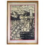 RAIMUNDO OLIVEIRA  Homens Escalando o Céu ladeados por Anjos. Xilografia. Ass. e datado 1953, cie. 47 x 33 cm (MI). 50 x 36 cm (ME).