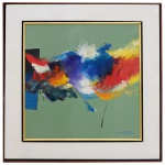 KINYA KIMFA IKOMA (Mieken, Japão, 1918  Bauru, São Paulo, 2002), - Abstração. Óleo s/ eucatex.  Ass. cie. Ass, datado e numerada 1992, no verso. Registro no. 1818. 52 x 52 cm (MI). 71 x 71 cm (ME).  Pintor japonês, radicado no Brasil.