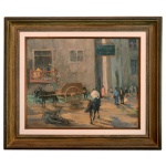 MANOEL SANTIAGO (Manaus, 1897  Rio de Janeiro, 1987). Cena de Vilarejo. Óleo s/ tela. Ass cie. 50 x 60 cm (MI). 74 x 84 cm (ME). Pintor, desenhista, professor. Muda-se para Belém em 1903 e inicia estudos de pintura. Em 1919 transfere-se para o Rio de Janeiro, e cursa direito ao mesmo tempo que freqüenta a Escola Nacional de Belas Artes (Enba), onde é aluno de Rodolfo Chambelland e Baptista da Costa. No início de sua carreira, Manoel Santiago pinta nus femininos e obras de temática ligada às lendas indígenas da Amazônia, realizadas em uma paleta luminosa, inspirada nos impressionistas, com pinceladas livres. Sua obra revela afinidade com aquela de Haydeá Santiago, sua esposa, embora a produção desta possua um caráter mais intimista, com temas ligados a cenas de gênero.