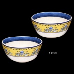 Conjunto de seis bowls em cerâmica artesanal da manufatura nacional Luiz Salvador, Itaipava. Apresenta de forma circular em cores vivas sobre fundo creme e decoração em tons de azul e amarelo com padrões florais e geométricos. Marca da manufatura no verso. Peças sem uso. 8 x 16 cm.