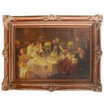 JULES-ALEXANDRE GRÜN (Paris, França, 1868-1938) - Escola Francesa. Fin de Souper (O Fim do Jantar). Óleo s/ tela. 67 x 100 cm (MI). 101 x 133 cm (ME). Necessita de Limpeza. Artista francês pôs impressionista. Era conhecido por cenas de vida social parisiense, posters e ilustrações da Belle Epoque. Nessa obra o pintor apresenta uma cena de um banquete animado com toques de humor e realismo.
