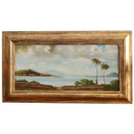 HENRI TRIBOLET (Rio de Janeiro, 1862-1914)  Vista  Iconográfica da Mureta da Urca para a cidade do Rio de Janeiro, Morro Castelo, Igreja da Glória e Catete e Botafogo .Óleo s/ madeira. Ass. e datado 1895, cid. 31 x 70 cm (MI). 50 x 88 cm (ME). Pintor, discípulo de Facchinetti. Em 1896 participou da Exposição Geral de Belas Artes de 1896, no Rio de Janeiro, onde expôs seis obras. Em 1982, integrou a mostra 150 Anos de Pintura de Marinha na História da Arte Brasileira, no Museu Nacional de Belas Artes, Rio de Janeiro. Tribolet é conhecido por seus quadros que representam paisagens e marinhas cariocas ou vistas petropolitanas. Encontram-se quadros seus em coleções particulares, principalmente no Rio de Janeiro e em São Paulo.