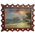 FRANCISCO CUCULILO (Rio de janeiro, 1895-1945) - Cena Costeira com Por do Sol. Óleo s/ tela. Ass. e localizado, Rio, cid, 48 x 63 cm (MI). 70 x 84 cm (ME). Moldura em madeira entalhada com padrões geométricos vazados.