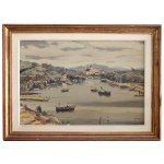 SYLVIO PINTO (Rio de Janeiro 1918-1997)  Paisagem de um Porto com Barcos e Construções ao Fundo. Óleo s/ tela. Ass. cid. 55 x 81 cm (MI). 75 x 103 cm (ME). pintor, cenarista e professor. Recebeu seus primeiros ensinamentos artísticos no ateliê do pai e no Liceu de Artes e Ofícios do Rio de Janeiro. No início da década de 1930, integrou o Núcleo Bernardelli, onde conviveu com artistas como José Pancetti, Manuel Santiago, Bustamante Sá e outros.