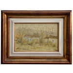 ERMES DE BERNARDI (Vêneto, Itália, 1920)  Casas de Campo - Paisagem com Elementos Naturais e Árvores. Óleo s/ duratex. Ass. cid. 24 x 36 cm (MI). 47 x 60 cm (ME). Artista, Professor e Restaurador. No verso etiqueta de Identificada da Dan Galeria, SP