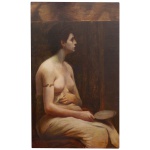 Escola Italiana - Nu Feminino  Escrava Romana em Cena de Banho segurando Espelho. Óleo s/ tela. Ass. e datado 1897, cid. 102 x 62 cm. Obra restaurada e sem moldura. Assinatura visível na imagem do  quadro (em tinta vermelha, no canto inferior) lê-se claramente como "E. Noailles 1894". A obra é uma figura feminina nua A clássica escrava  romana  sentada de perfil, com lenço na mão esquerda e um prato raso na direita, bracelete em forma de serpente dourada no braço direito, fundo escuro e estilo acadêmico realista típico do final do século XIX.