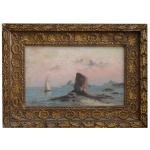 CARLOS BALIESTER (Pernambuco, 1870 - Rio de Janeiro, 1927) - Pedra de Itapuca, Niterói. Óleo s/ tela. Ass. cie. 26 x 42 cm (MI). 52 x 57 cm (ME). Moldura em madeira dourada e entalhada.