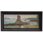 MANOEL SANTIAGO  (Manaus, Amazonas, 1897 - Rio de Janeiro, 1987) - Pedra de Itapuca, Niterói com Vista para Rio de Janeiro. Óleo s/ tela. Ass. e datado 1925, cid. 20 x 44 cm (MI). 25 x 50 cm (ME). quadro com 101 anos idade. Pintor, desenhista, professor. Muda-se para Belém em 1903 e inicia estudos de pintura. Em 1919 transfere-se para o Rio de Janeiro, e cursa direito ao mesmo tempo que freqüenta a Escola Nacional de Belas Artes (Enba), onde é aluno de Rodolfo Chambelland e Baptista da Costa. Na época, assiste a aulas particulares de Eliseu Visconti. Manoel Santiago representa a paisagem do Rio de Janeiro em inúmeras telas.