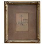 Monumento Histórico e Artístico da Icônica Paisagem Urbana de Veneza. do final do século XIX ou início do XX. Gravura. Ass. cid. 13 x 9 cm (MI). 32 x 27 cm (ME). Ela representa a Piazzetta di San Marco, em Veneza, com destaque para: A Coluna de São Marcos (com o Leão alado no topo, símbolo da cidade). Parte da fachada do Palazzo Ducale (Palácio Ducal) à direita. Figuras humanas estilizadas no primeiro plano, dando escala e vida à cena. Fundo com cúpulas e arquitetura característica da Basílica de San Marco e arredores. A assinatura no canto inferior direito da pintura aparece como G. Romanelli (ou possivelmente C. Romenelli,