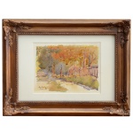 ANA DA CUNHA VASCO (Rio de Janeiro, 1881 -1 938) Paisagem Rural com Tons Quentes de Outono. Aquarela. Ass, localizado e datado, Petropólis, 19..., cie. 18 x 24 cm (MI). 35 x 46 cm (ME). Pintora e desenhista brasileira do início do século XX. Irmã da também pintora Maria Vasco (1879-1965). Estudou aquarela e pintura ao ar livre com o professor alemão Benno Treidler por volta de 1897.Devido a problemas de saúde, não podia usar óleo e se dedicou principalmente às aquarelas (paisagens, especialmente do bairro do Leme, no Rio de Janeiro  por isso às vezes chamada de "aquarelista do Leme". Participou de várias edições da Exposição Geral de Belas Artes (1898 a 1908), recebendo prêmios como Menção Honrosa (1898 e 1904) e Medalha de Prata (1905).