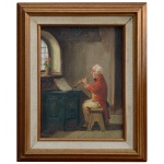 Escola Americana  Circa 1800 - Músico Tocando em Seu Estudio. Óleo s/ tela. 31 x 23 cm (MI).  42 x 35 cm (ME). Apresenta no verso, selos de Galeria Americana.