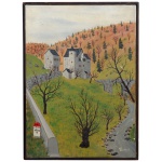 MAURICE LOIRRAND  Paisagem Bucólica com Construções Antigas e Árvores Secas. Óleo s/ tela. Ass. e datado 1967, cid. 30 x 20 cm. Apresenta no verso selo da Cosme Velho Galeria de Arte.