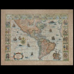 AMERICA NOVA TABULA por Guilgelmo Blaeuw (1571-1638) - Mapa das Américas a cores, ladeado por indígenas e encimado por paisagens locais. A edição original data de 1641-1649, e foi editada em Amsterdã. Marcas de oxidação. 51 x 66 cm.