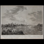 Vue du Pont de la Yaouse et de la Maison de M.Chapkine à Moscou - Gravura com texto bilingue francês e russo. Publicada em 1799 com o privilégio de Sua Majestade Imperial Paulo Primeiro, Imperador de todas as Rússias. Desenho e publicação de Gérard de La Barthe de 1797. Faz parte da famosa série das 12 Vistas de Moscou. 52 x 74 cm.