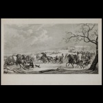Gravura russa representando exército em paisagem invernal com trenó e cavalos. Séc. XVIII. 40 x 61 cm.