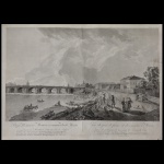 Vue du Pont de Pierre et des Environs de Moscou. Água forte e buril, com texto bilingue francês e russo. Publicada em 1799 com o privilégio de Sua Majestade Imperial Paulo Primeiro, Imperador de todas as Rússias. Desenho de Gérard de La Barthe de 1799 e edição de M.G. Eicher. 50 x 74 cm. Precisa restauro.