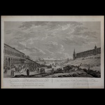 Vue des Montagnes de Glace Pendant le Carnaval à Moscou. Água forte e buril, com texto bilingue francês e russo. Publicada em 1799 com o privilégio de Sua Majestade Imperial Paulo Primeiro, Imperador de todas as Rússias. Desenho de Gérard de La Barthe de 1794 gravação de C.F. Oberkogler. 51 x 74 cm.