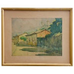JOSÉ MARQUES CAMPÃO (São Paulo, 1892 - 1949)  Vilarejo com Casarios. Aquarela. Ass. e datado 194..., cid. 21 x 28 cm (MI). 33 x 39 cm (ME). Pintor. Freqüenta as aulas de pintura de Oscar Pereira da Silva (1867-1939), em São Paulo, em meados de 1905. Entre 1912 e 1918, viaja para Paris (França) onde estuda na École Nationale Superieure des Beaux-Arts Escola Nacional Superior de Belas Artes e na Académie Julian, com Jean-Paul Laurens (1838-1921) e Paul Albert Laurens (1870-1934). Integra a Comissão de Orientação Artística em São Paulo.