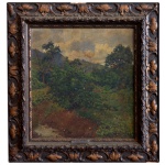 FRANCESCO MANNA (Sicília, 1879 - Rio de Janeiro, 1955) - Paisagem com Árvores e Colina. Óleo s/ tela. Ass. cid. 28 x 26 cm (MI). 41 x 38 cm (ME). Apresenta placa de identificação na moldura. Moldura em madeira esculpida e decorada. Pintor e desenhista. Conhecido no Brasil como Francisco Manna,