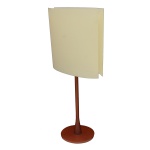 LAMPE & DOMINICI - Luminária de mesa com design minimalista, caracterizado por uma base e haste em madeira e uma cúpula em material sintético de tom claro. 47 x 23 x 9 cm.
