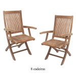 WESTMINSTER para HARRODS  Conjunto inglês de mesa e 4 cadeiras em teka A GRADE, para área externa e jardim. Constando de uma mesa retangular extensível, com tábua de aumento embutida. Tampo liso com largas bordas, apoiado em pernas retas reunidas por amarração dupla em H na base. Acompanham 4 cadeiras dobráveis, com encostos altos e levemente recurvos, ladeados por braços lisos. Assentos suavemente abaulados apoiados em pernas reunidas por traves. A GRADE corresponde a uma teka da melhor qualidade, que não solta farpas ou lascas e não apresenta rachaduras com o tempo. Nota-se a qualidade dos bronzes, metais e acabamentos. Demonstram uma altíssima resistência ao clima e às intempéries de frio, chuva, calor ou neve. Com o tempo, a madeira torna-se acinzentada, mas quem preferir basta passar um pouco de óleo de teka a cada ano ou ano e meio para que volte à sua cor original de amarelo mel. Apresenta placa com o nome do famoso fabricante, considerado o melhor para móveis de exterior. Peças compradas na loja Harrods em Londres. Estão em perfeito estado.