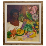 Condessa de Clemente com Papagaio e Flores. Óleo s/ tela. Ass. com as iniciais 51 x 60 cm.