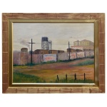 YOSHIYA TAKAOKA (Tóquio, Japão 1909 - São Paulo, 1978).   Paisagem Industrial, possivelmente representando a Industria Matarazzo. Óleo s/ tela. 50 x 40 cm. Apresenta tons terrosos e pastéis para retrastar cenas de subúrbio e infraestrutura industrial. Moldura em madeira oprecisa.