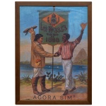 LEI No. 3353, 13 de Maio de 1888  AGORA SIM !  Cartaz comemorativo que faz referência à Lei Áurea, assinada peça Princesa Isabel tornando o Brasil o último pais das Américas a abolir a escravidão. A cena ilustre a o sentimento popular da época com a frase AGORA SIM, em que mostra um cidadão branco e um cidadão negro se cumprimentando, com uma flâmula da Bandeira do Império do Brasil pelo fim da escravidão no Brasil. 40 x 28 cm (MI). 45 x 32 cm (MT)