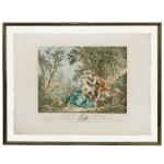 Les Charmes du Printemps, com dedicatória, à Madame de Pompadour, Dame du Palais de la Reine. Gravura francesa a cores, representando cena galante, segundo pintura original de François Boucher (1703-1770). Pintura de propriedade de Madame de Pompadour. Obra gravada e editada por Jean Daullé (1703-1763), gravador do Rei e da Academia Imperial de Ausbourg. Moldura em madeira. 36 x 45 cm (MI). 48 x 56 cm (ME).