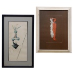 NOEMIA - Par de gravuras representando figuras femininas indígenas, com seus cocares e adereços. Assinadas, uma no centro da parte inferior e a outra no cid. Molduras em madeira. 47 x 21 cm (MI). 63 x 37 cm (ME) / 50 x 33 cm (MI). 58 x 43 cm (ME).