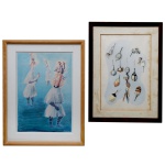 NOEMIA - Pendant de pinturas em técnica mista.  Uma, retratando pequeno grupo de dançarinos indígenas, a outra representando diversos tipos de maracás, decorados com desenhos geométricos e plumados. Assinadas no cid. Molduras em madeira. Uma com manchas de água e ferrugem. 46 x 31 cm (MI). 60 x 45 cm (ME) / 48 x 33 cm (MI). 63 x 48 cm (ME).