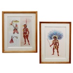 NOEMIA  Pendant de pinturas em técnica mista. Uma, retratando nativo ornamentado por ricos adornos com plumas, e colares ao lado, assinada no cid. A outra, representando figura indígena masculina, exibindo braçadeiras, cocar e adereços festivos, vestindo pele de animal. Sem assinatura. Molduras em madeira. Manchas nos passe-partouts. 42 x 27 cm (MI). 57 x 42 cm (ME) / 40 x 31 cm (MI). 53 x 46 cm (ME).