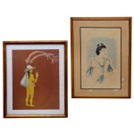 NOEMIA - Pendant de pinturas em técnica mista, retratando mulheres indígenas. Uma de pé, com chapéu encimado por exuberantes adornos plumados, admirando pássaro pousado em sua mão direita. A outra, exibindo braceletes e colar de plumas azuis. Assinadas no centro na parte inferior. Manchas, sobretudo na segunda peça. 42 x 27 cm (MI). 57 x 42 cm (ME) / 51 x 41 cm (MI). 56 x 46 cm (ME). Molduras em madeira.